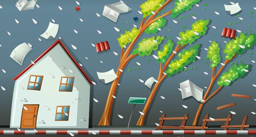 Illustration of a storm impacting a residence and surrounding environment